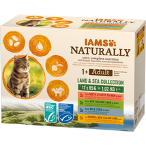IAMS Naturally nedves táp felnőtt macskáknak különféle hús- és halízekben - szárazföldi és tengeri kollekció 12*85g