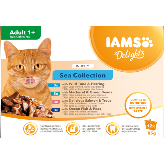 IAMS Delights nedves táp felnőtt macskáknak különféle halízekben - tengeri kollekció aszpikban 12*85g