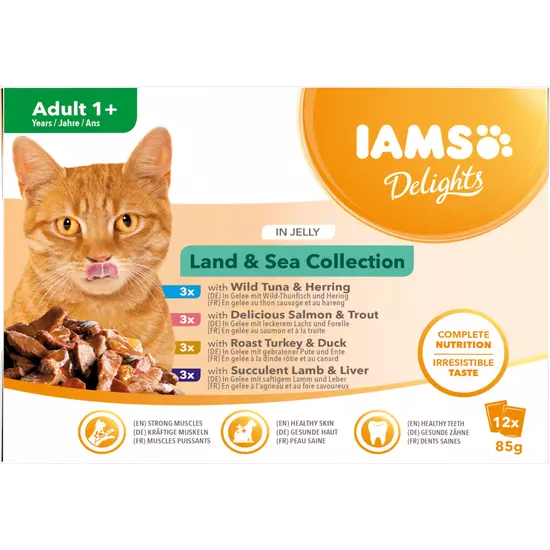 IAMS Delights nedves táp felnőtt macskáknak különféle hús- és halízekben - szárazföldi és tengeri kollekció aszpikban 12*85g