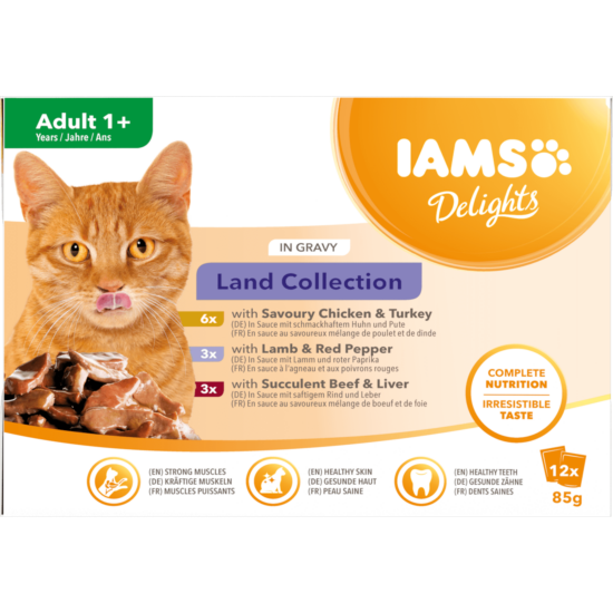 IAMS Delights nedves táp felnőtt macskáknak különféle húsízekben - szárazföldi kollekció szafttal 12*85g
