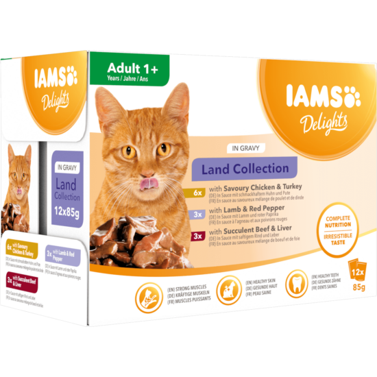 IAMS Delights nedves táp felnőtt macskáknak különféle húsízekben - szárazföldi kollekció szafttal 12*85g