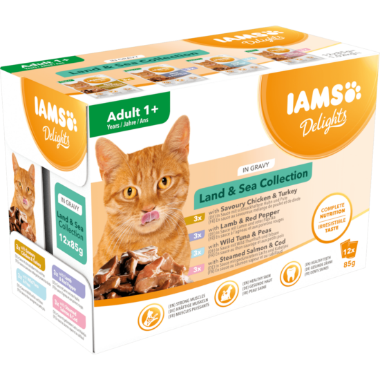 IAMS Delights nedves táp felnőtt macskáknak különféle hús- és halízekben - szárazföldi és tengeri kollekció szafttal 12*85g