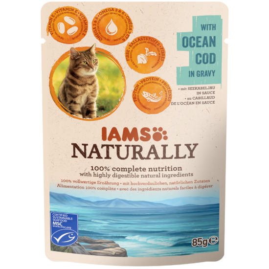 IAMS Naturally nedves táp felnőtt macskáknak óceáni tőkehallal szaftban 85g