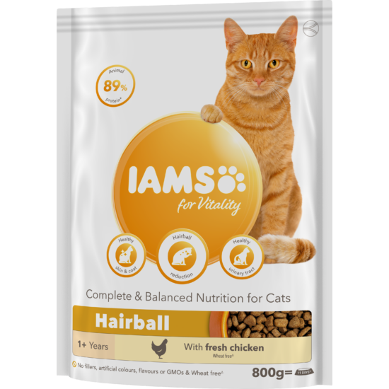 IAMS for Vitality szőrcsomó elleni száraz táp felnőtt macskáknak friss csirkével 800g