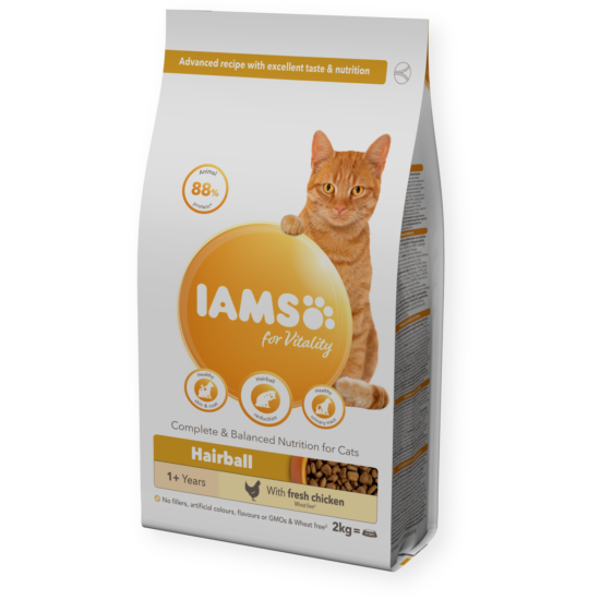 IAMS for Vitality szőrcsomó elleni száraz táp felnőtt macskáknak friss csirkével 2Kg