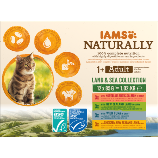 IAMS Naturally nedves táp felnőtt macskáknak különféle hús- és halízekben - szárazföldi és tengeri kollekció 12*85g