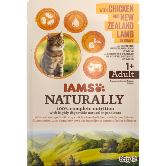 IAMS Naturally nedves táp felnőtt macskáknak csirkével és új-zélandi báránnyal szaftban 85g