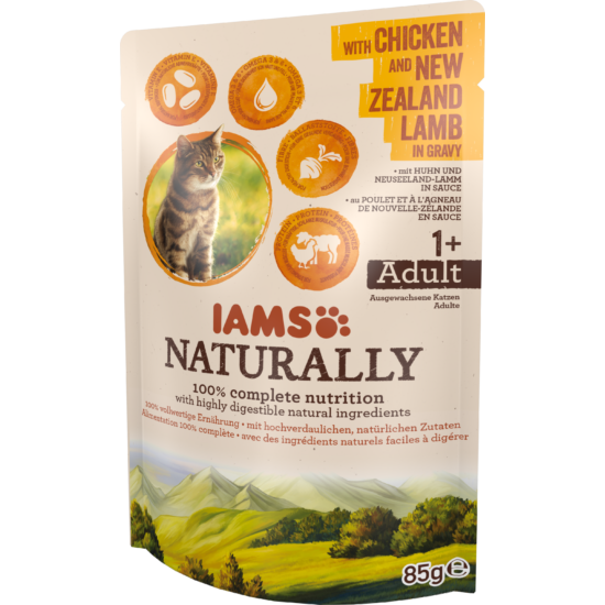 IAMS Naturally nedves táp felnőtt macskáknak csirkével és új-zélandi báránnyal szaftban 85g