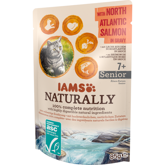 IAMS Naturally nedves táp idős macskáknak észak-atlanti lazaccal szaftban 85g