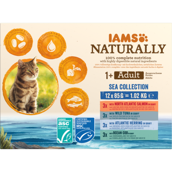 IAMS Naturally nedves táp felnőtt macskáknak különféle halízekben - tengeri kollekció 12*85g