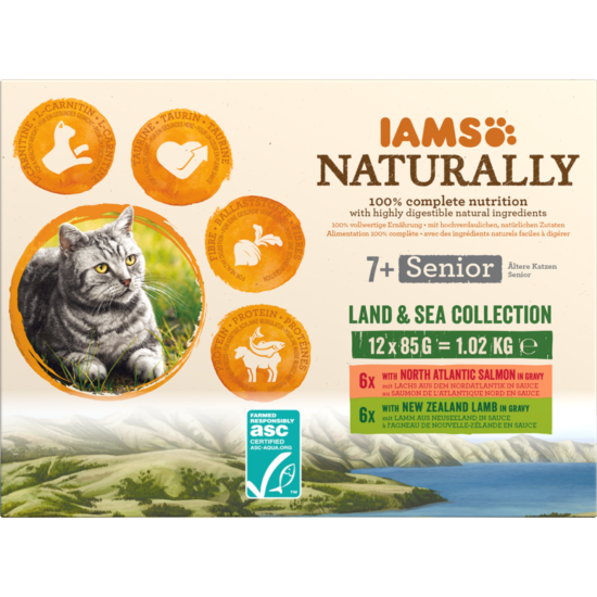 IAMS Naturally nedves táp idős macskáknak különféle hús- és halízekben - szárazföldi és tengeri kollekció 12*85g