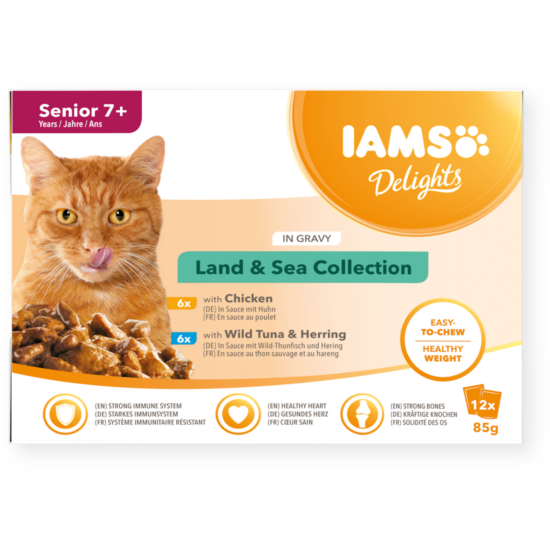 IAMS Delights nedves táp idős macskáknak különféle hús- és halízekben - szárazföldi és tengeri kollekció 12*85g