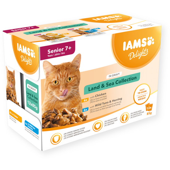 IAMS Delights nedves táp idős macskáknak különféle hús- és halízekben - szárazföldi és tengeri kollekció 12*85g